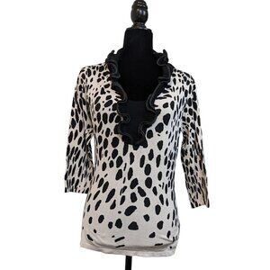 Neiman Marcus 3/4 Sleeve White Black Dots Ruffle Neck Blouse Womens Medium